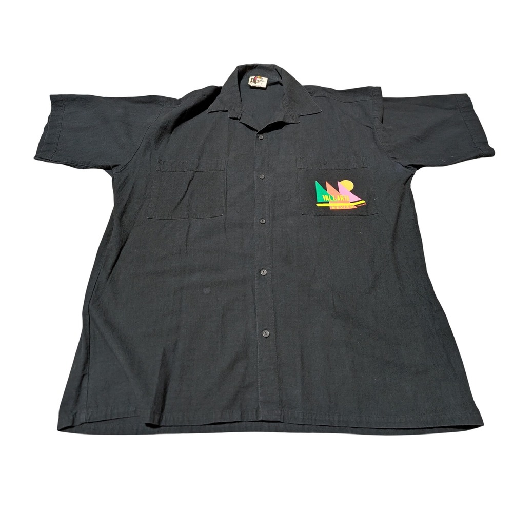 Miro Button Up Shirt Mens L Black Vallarta Mexico Graphic Camp Collar Vintage
